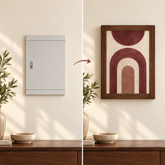 Illustrative before-and-after: an electrical panel concealed by a custom wooden art frame